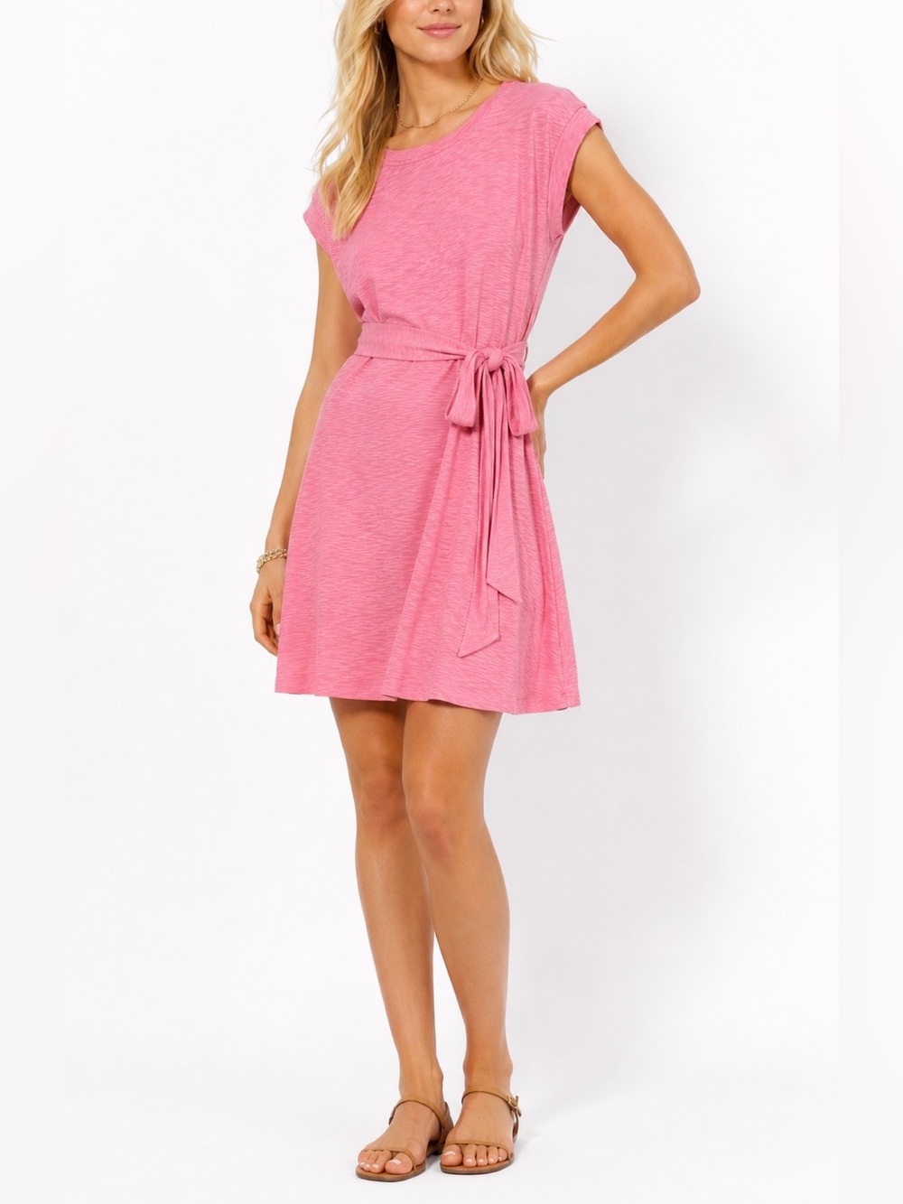 J. Crew 100% Cotton Knit Tie Waist Mini Dress Pink M Preppy Classic Minimalist